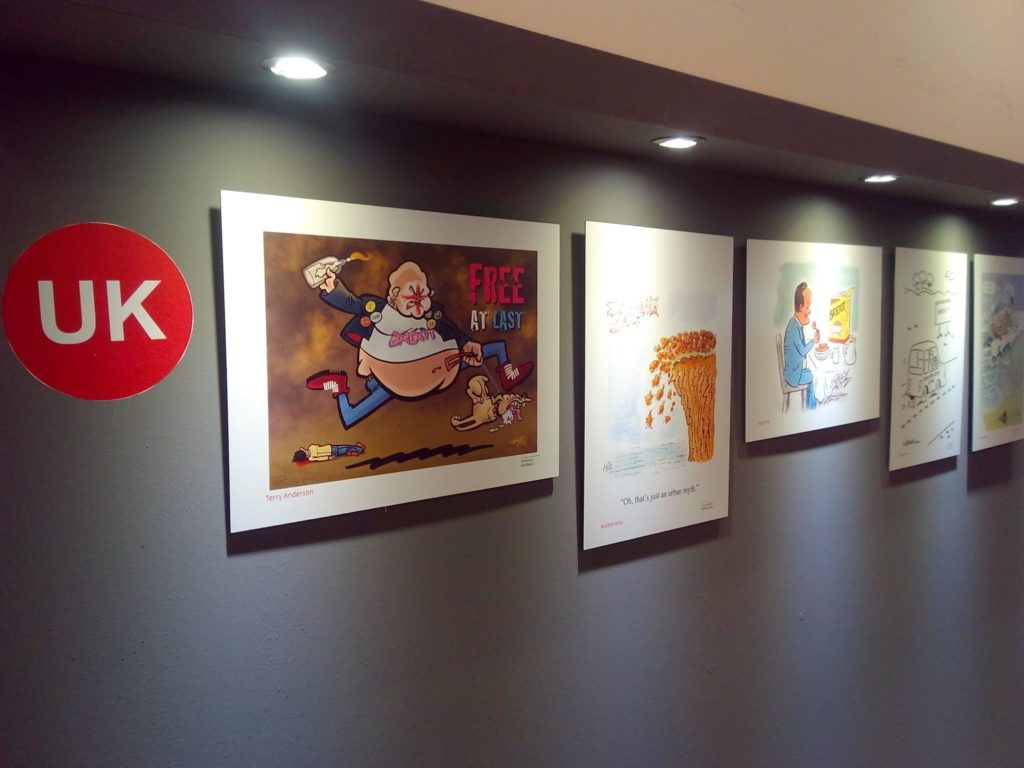 Some of the British cartoonists work featured in the "Sweet Europe" exhibition in Athens in 2017
