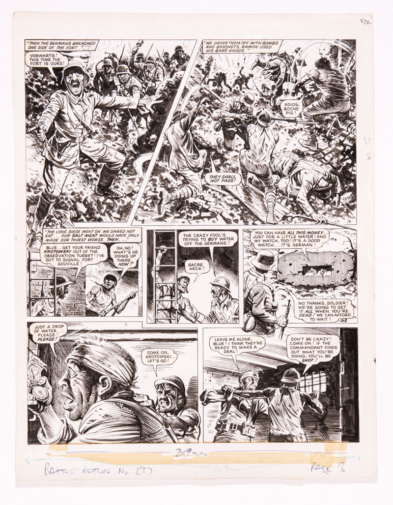 Charley's War original artwork by Joe Colquhoun for Battle-Action No 297 Page 3 (1980). Written by Pat Mills The French legionnaires fight a ferocious battle during the German Siege of Fort Vaux in Verdun. Krotowski hides himself in the observation turret above the tunnel, desperately trying to buy water from a German soldier outside but Blue forces his comrade away knowing he'll be shot if the commandant finds out 18 x 15 ins. Black ink on cartridge paper £250-300