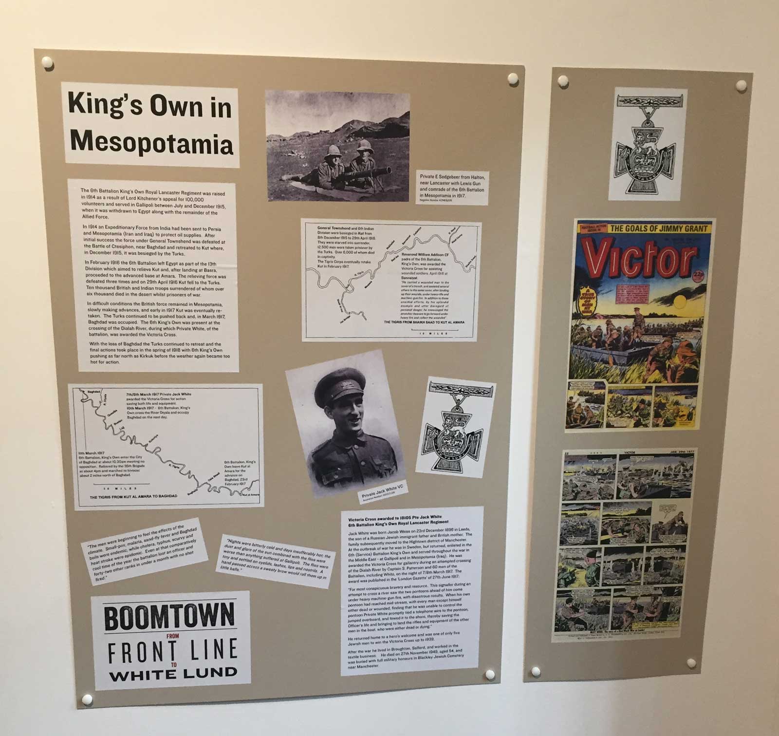 The display board at the "Boom Town" featuring Victoria Cross winner Jack White and Victor 1358
