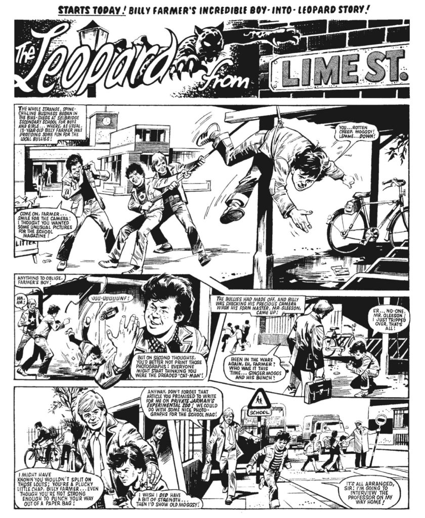 The opening page of the first episode of "The Leopard from Lime Street" art by Mike Western