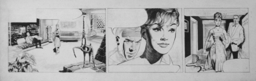 Frank Hampson's pencils for an episode of the first Modesty Blaise story "La Machine", a story published in the Evening Standard in 1963 and reprinted in the Titan Books collection The Gabriel Set-Up