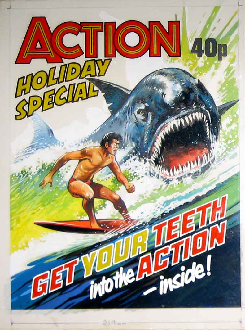 Cover for the 1979 Action! Holiday Special painted by Mike Western. Action! and Hookjaw © Rebellion Publishing
