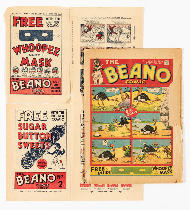 Beano Comic No 1 (1938) with Beano No 1 and No 2 Flyer 8 pg mini comic. Introducing Big Eggo, Lord Snooty, Little Peanut and Tin-Can Tommy