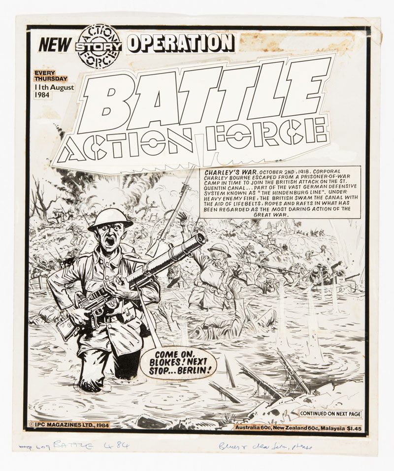 Charley's War original front cover artwork (1984) by Joe Colquhoun for Battle 484, cover dated 11th August 1984. Dated "October 2nd 1918", Corporal Charley Bourne has escaped from a POW camp to join the British attack on the St Quentin canal. Under heavy enemy fire the British swam the canal with the aid of lifebelts, ropes and rafts in what has been regarded as the most daring action of the Great War.