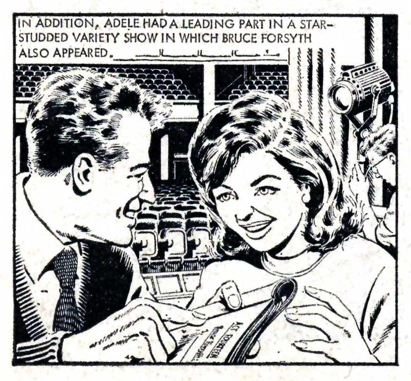 A panel from the potted biography "Adele Leigh – Growing Up" featuring a young Bruce Forsyth and the singer, from DC Thomson’s Judy in 1962, art by David Slinn. © DC Thomson