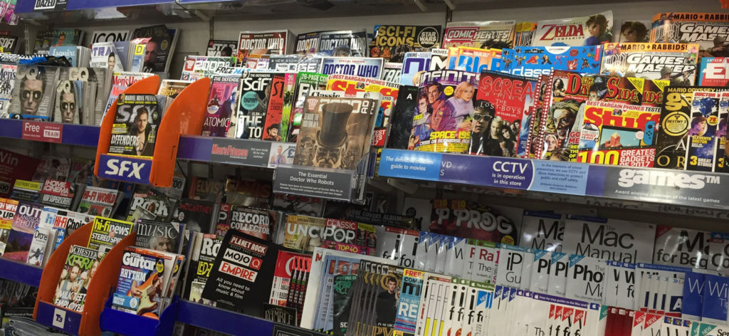 Teen titles on the shelves of a mid-range WHSmith - August 2017. In this store, 2000AD is clearly visible - but it's last week's issue, with the current issue racked in its normal position on the rack. 