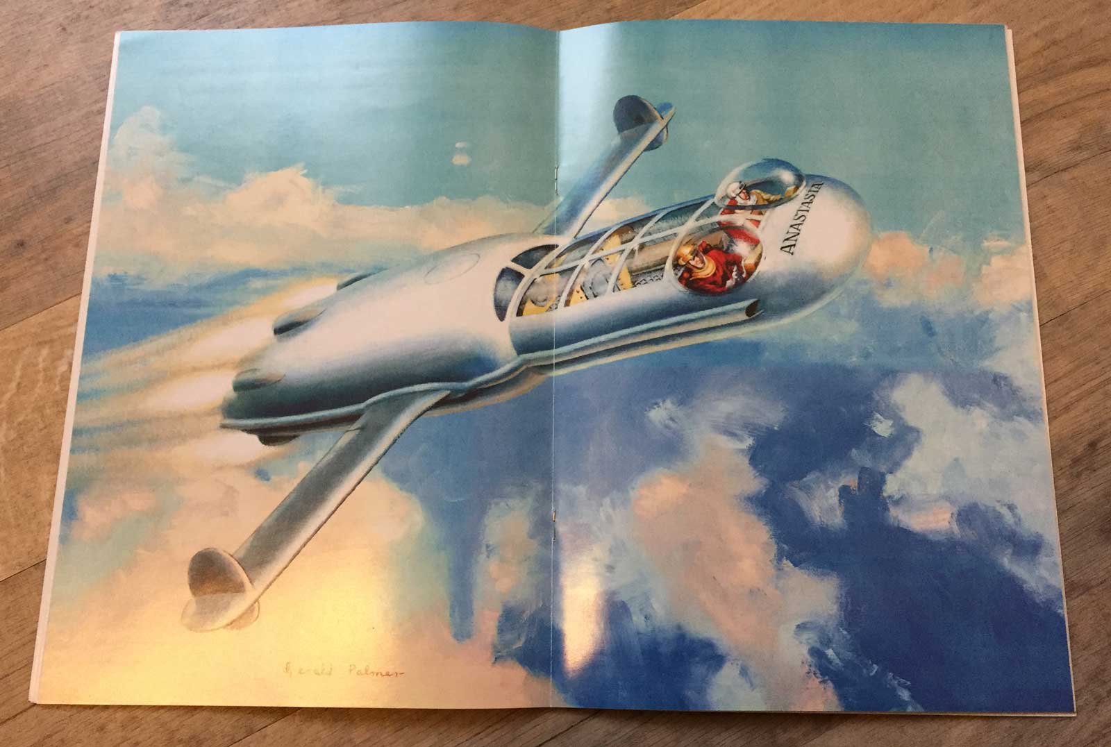 Spaceship Away Issue 8 features a centre spread by Gerald of the Anastasia, Dan Dare's personal spacecraft, in atmospheric flight.