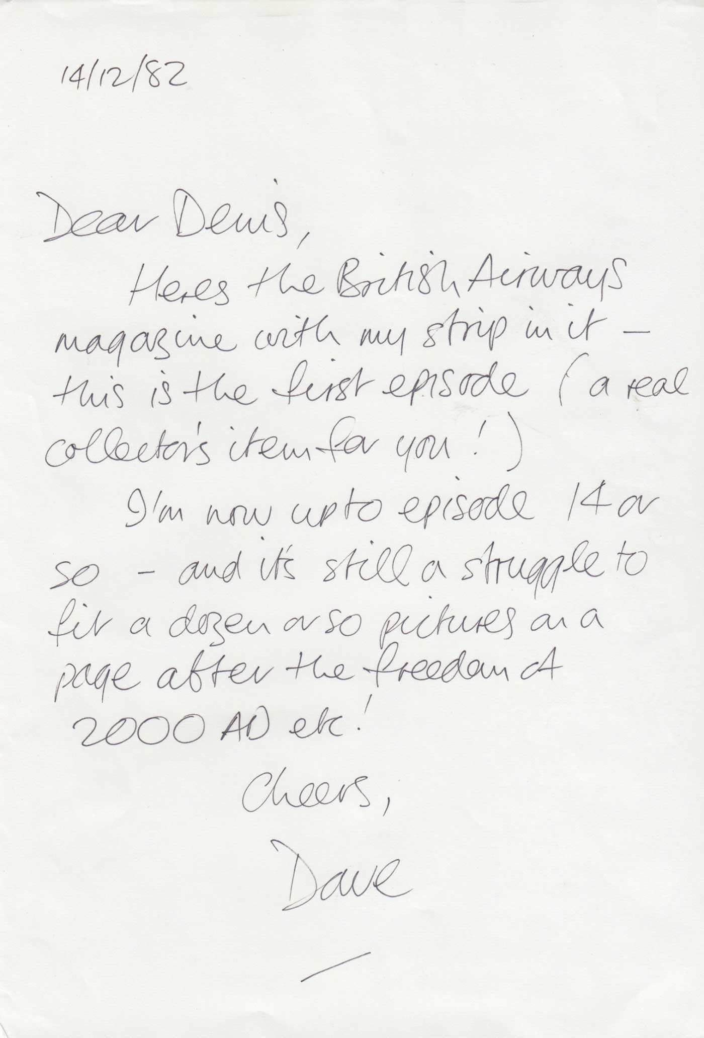 A covering note that accompanied a copy of the magazine from Dave written in 1982 about his work on "Jet Jason"