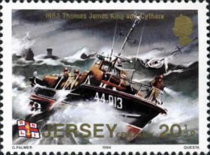 The Jersey Post released a set of six stamps on the 1st June 1984 to commemorate the centenary of the RNLI in Jersey. One of the 20½p stamps featured the St. Helier 44' Waveney Class lifeboat, the "Thomas James King" by Gerald Palmer and depicts the service to the yacht "Cythara" in atrocious conditions on the 3rd September 1983.