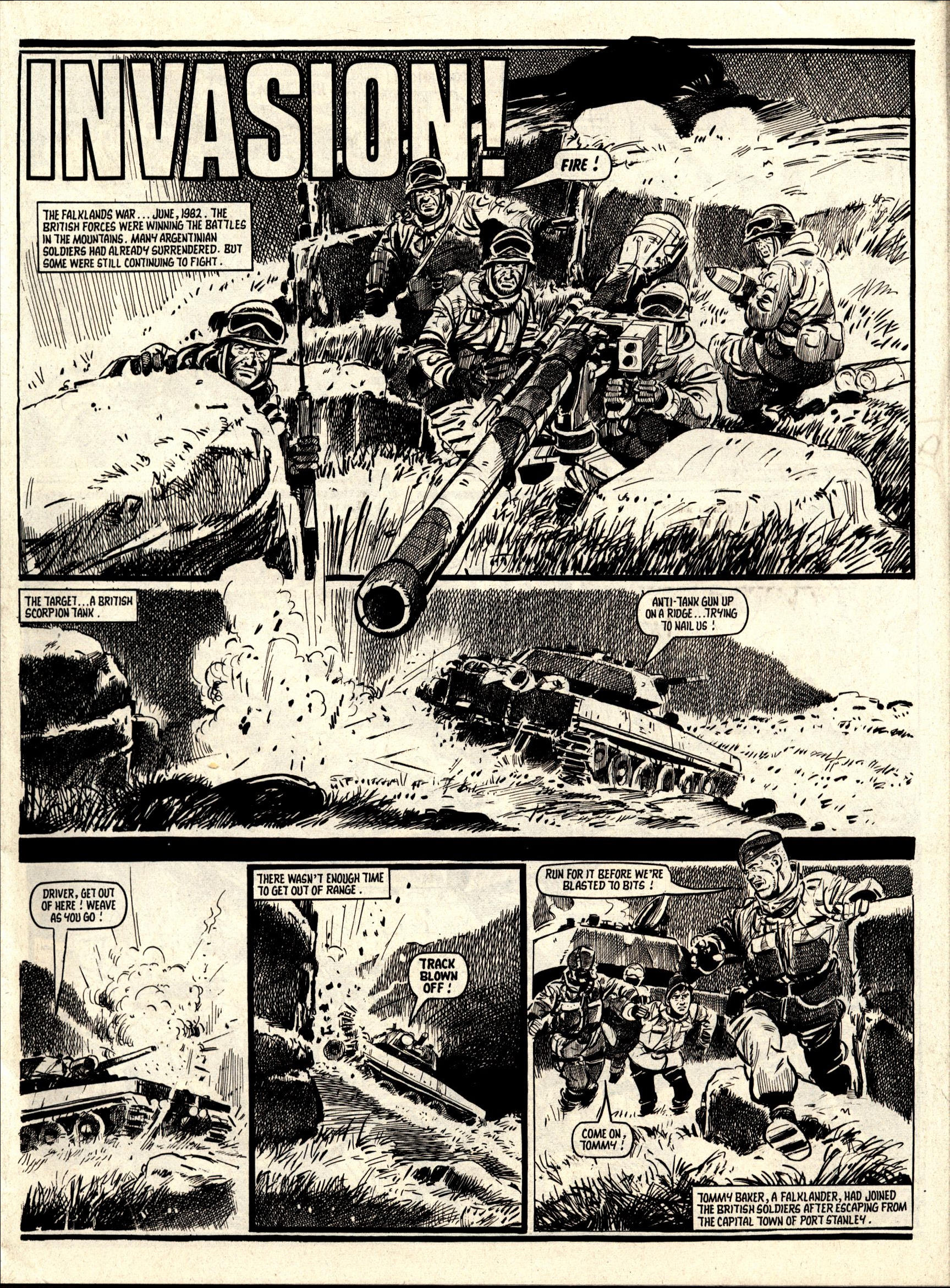A page from the Falklands War-inspired story "Invasion". published in Battle with Storm Force in August 1987. Story by Story by Terry Magee, art by Jim Watson