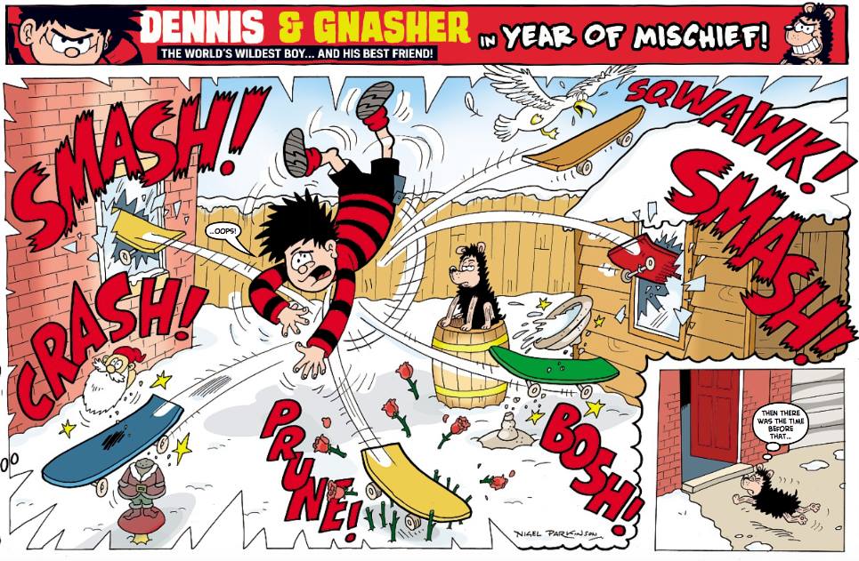 The new touchy feely, PC, Dennis as seen in the first Beano of 2018 - smashing two windows, scarring a gull, breaking a bird bath, chopping the heads roses and decapitating a gnome in one picture!