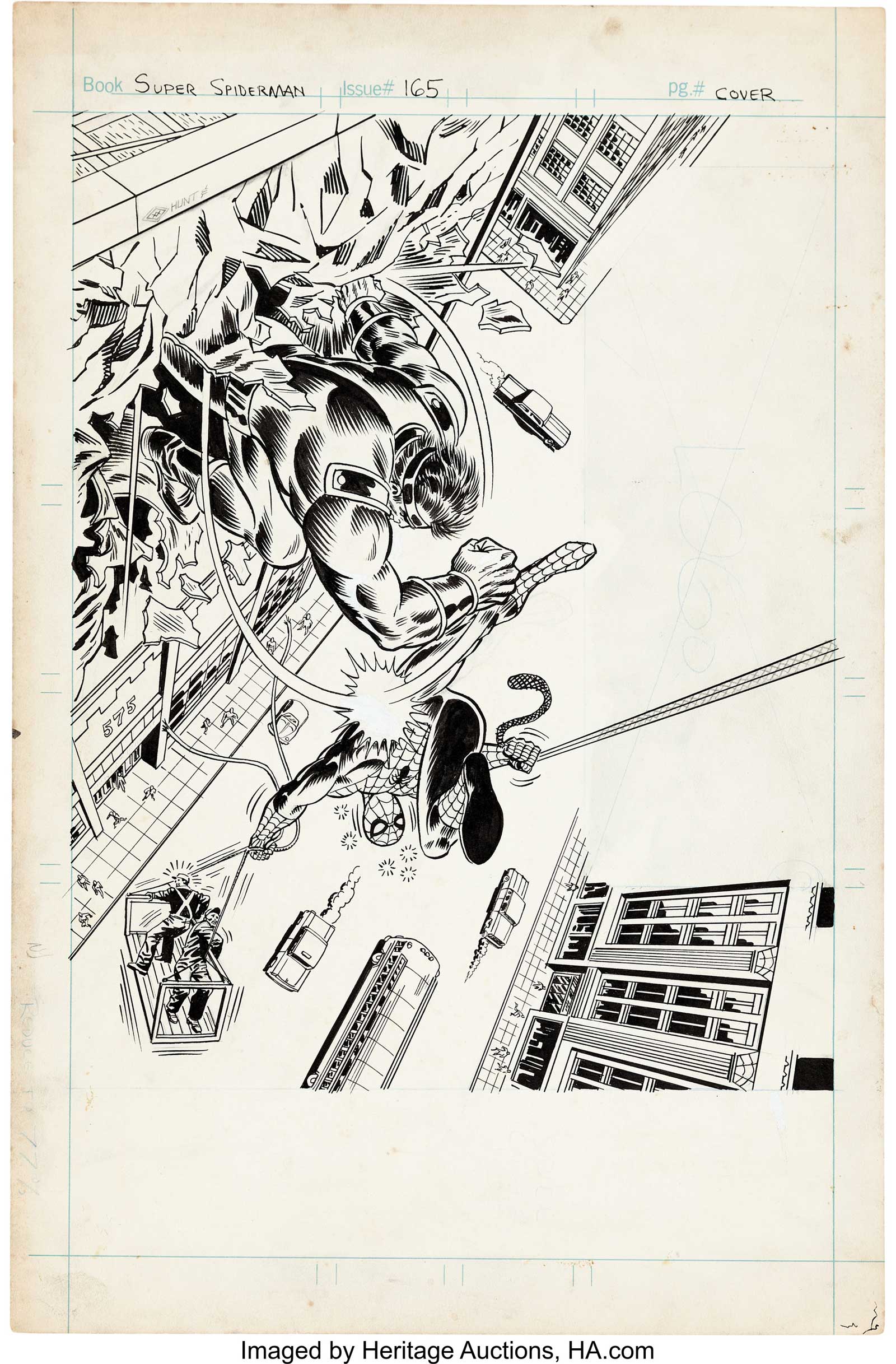 Dave Hunt and Frank Giacoia Super Spider-Man #165 Cover Original Art. A very spot-on redux of John Romita Sr.'s cover for Amazing Spider-Man #116, which this issue reprints in part. The story of the Smasher (the big guy on the cover) actually started as the story of the Man-Monster in Spectacular Spider-Man magazine #1. That story was reformatted, and his name was changed, to reprint in ASM issues #116-118. 