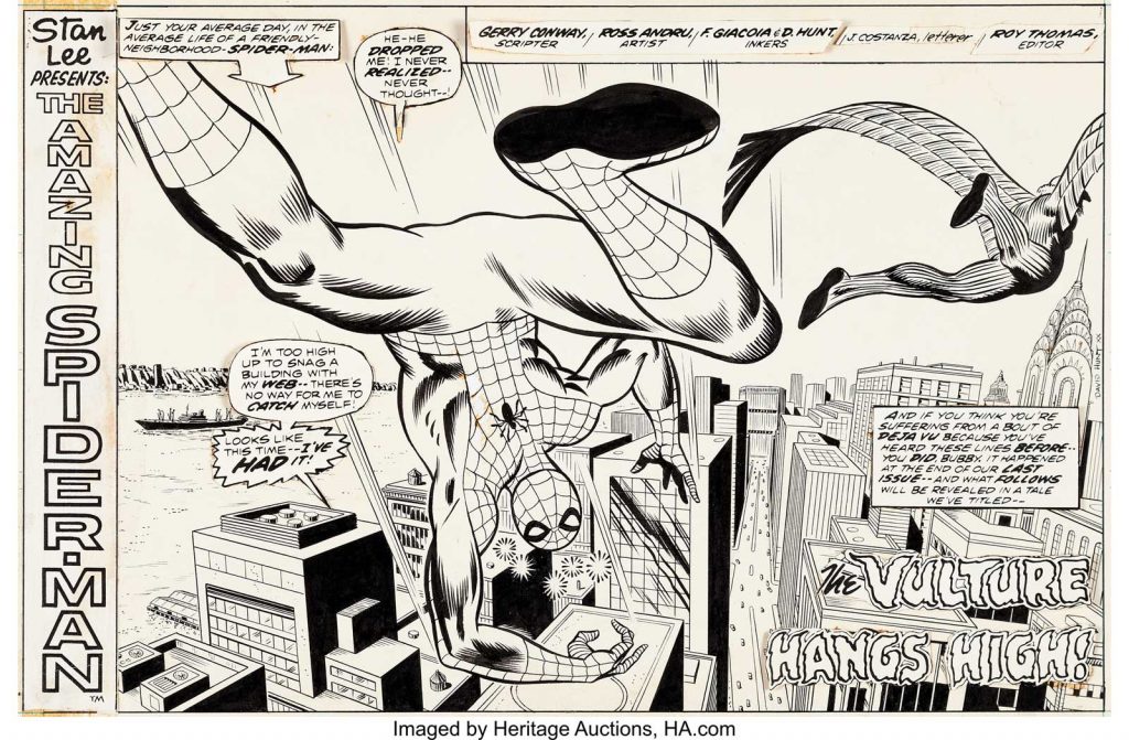 Dave Hunt Super Spider-Man #177 Splash Page 1, an all-new splash page was created to introduce the reprint story "The Vulture Hangs High", which first appeared in Amazing Spider-Man #128 in 1974. One of the original inkers on the story, Dave Hunt, handled this recreation of the splash page to reformat it to the horizontal UK weekly publication.