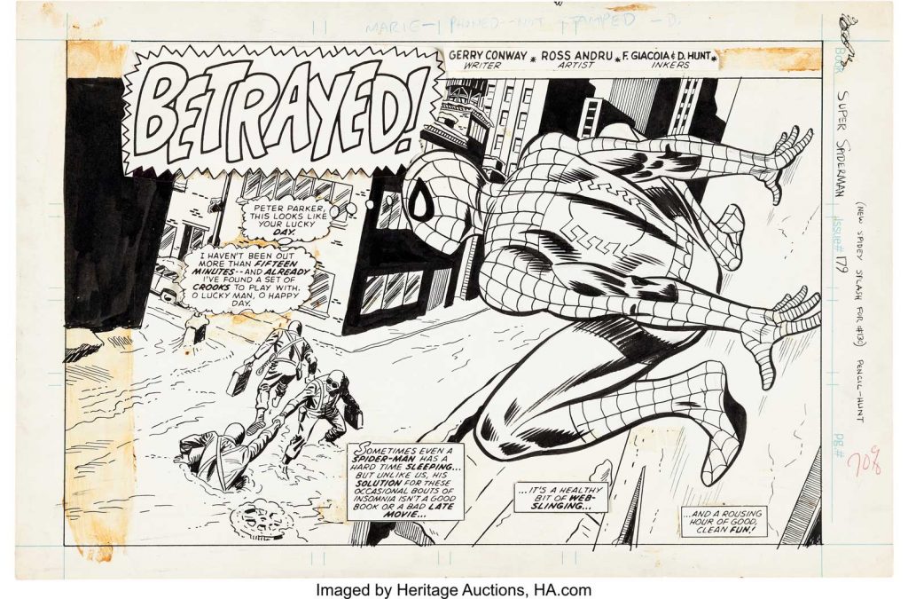 Dave Hunt and Mike Esposito 's splash page for Super Spider-Man #179, published in 1976. The weekly UK reprint mag needed a new splash page to open the story "Betrayed!" from Amazing Spider-Man #130 and Hunt and Eposito oblige with a great recreation of the original Ross Andru/ Frank Giacoia/ Dave Hunt piece in a horizontal format instead.