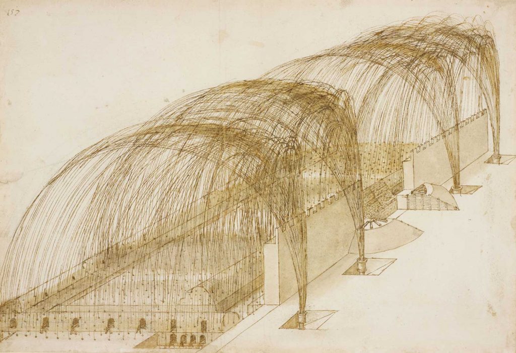Mortars firing into a fortress, c.1503-4, black chalk, pen and ink, wash by Leonardo da Vinci. To be displayed at Sunderland Museum & Winter Gardens 
