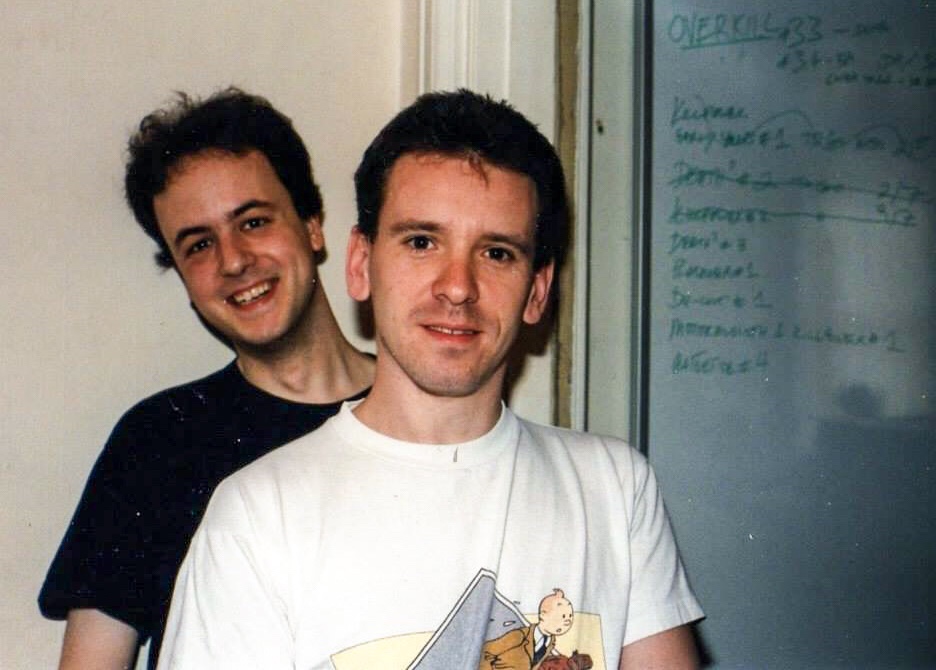 Current Doctor Who Magazine editor Marcus Hearn (left) and then DWM editor Gary Russell at Marvel UK in the 1990s. Photo: Tim Quinn