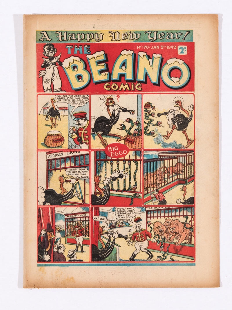 A propaganda war issue of The Beano (Issue 170), published in 1942. 'V for Victory - B for Beano!' Doubting Thomas gets a black eye collecting waste paper. Dudley Watkins won't teach Lord Snooty how to draw and gets duffed up by Pals! 'Waste Littler - Paste Hitler!' illustrated ad
