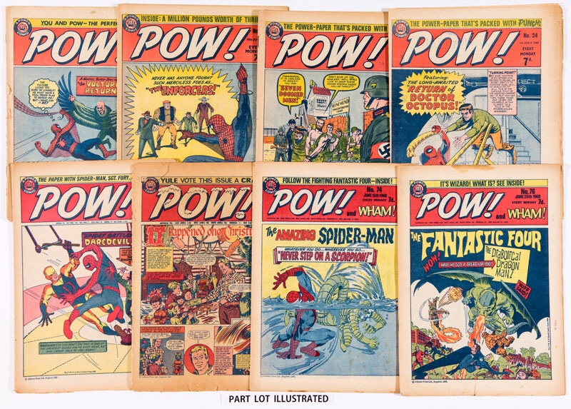 A mixed lot of POW! comics, featuring early UK reprints of Amazing Spider-Man, Fantastic Four and Sgt Fury