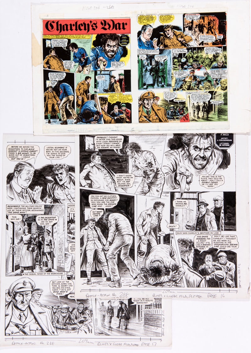 Charley's War two original artworks by Joe Colquhoun from Battle Action No 288 (1984) with printer's double-page colour layout and acetate overlay