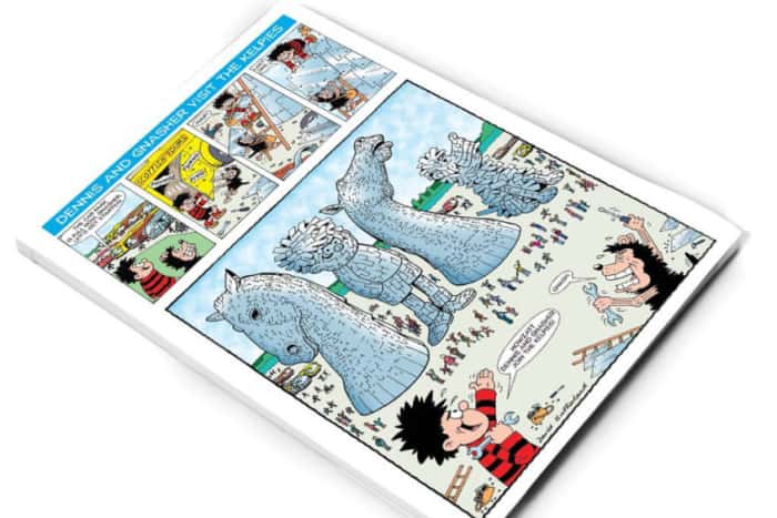 A special comic strip sees Dennis and Gnasher visit The Kelpies. Image © Beano Studios