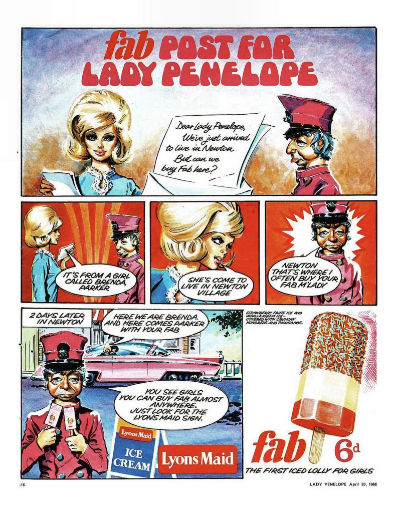An advertisement for the Lady Penelope-inspired Lyons Maid FAB lolly, art attributed to Frank Langford. With thanks to "Pulp Librarian", Lew Stringer and Andrew Mark-Thompson
