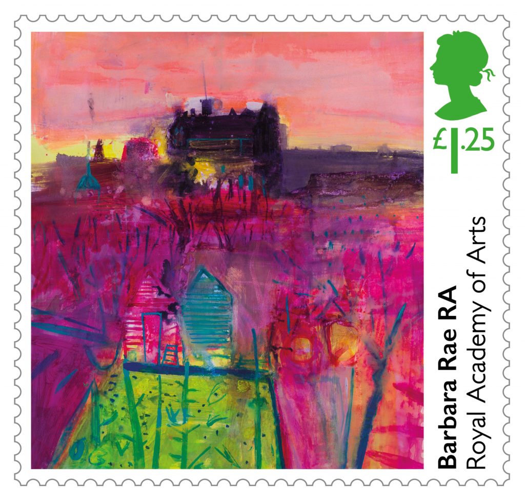 Inverleith Allotments and Edinburgh Castle by Barbara Rae RA Stamp