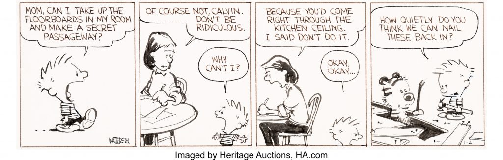 Bill Watterson Calvin and Hobbes Daily Comic Strip Original Art dated 1-21-86 (Universal Press Syndicate, 1986)