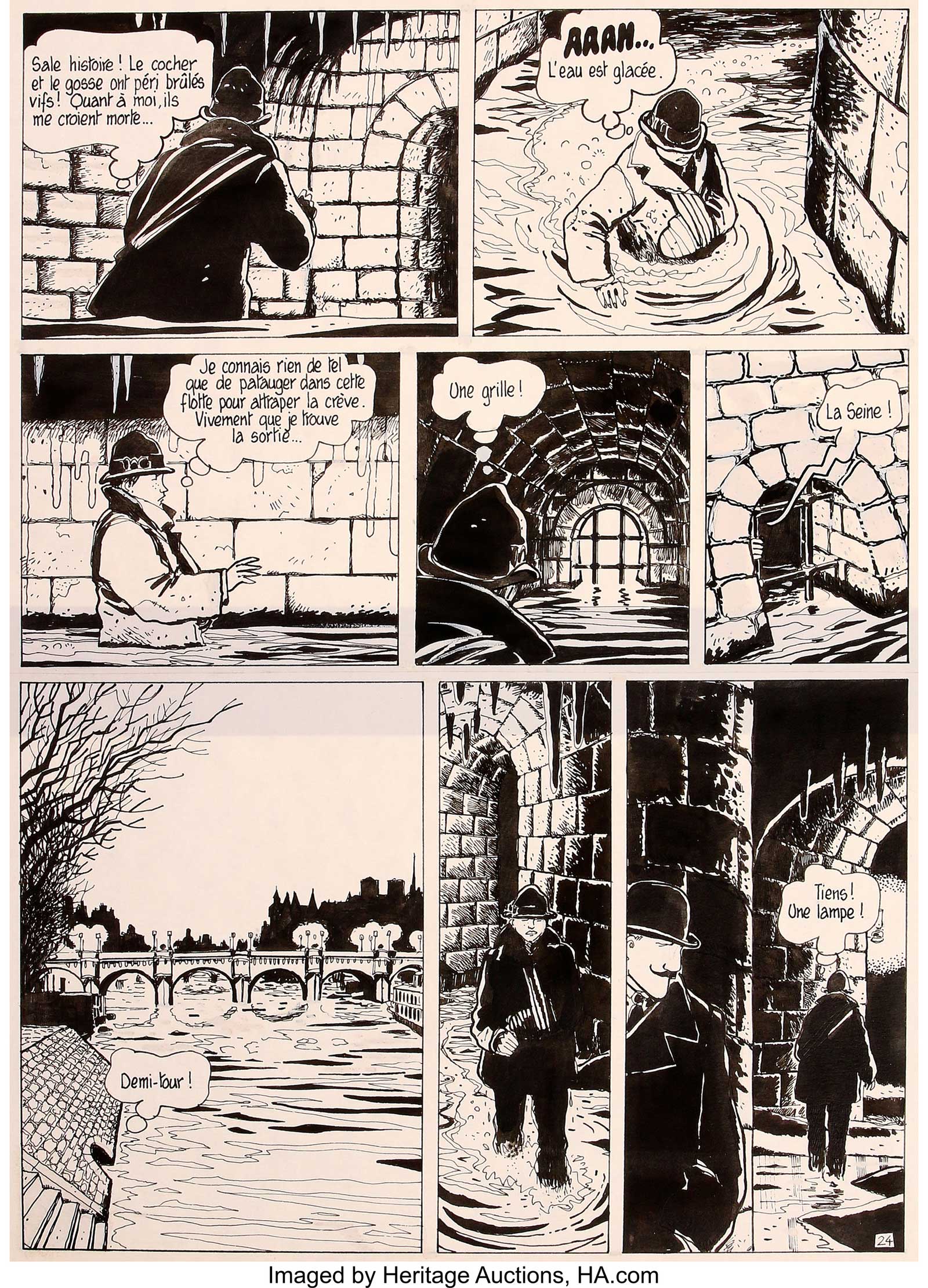 Jacques Tardi Adèle Blanc-Sec Vol.2 "The Eiffel Tower Demon" Page 24 Original Art (Casterman, 1976). "The Eiffel Tower Demon" is the greatest adventure of Adèle Blanc-Sec. Tardi recreates the evocative locales of Paris, transporting us here into the subterranean worlds beneath the City of Light.