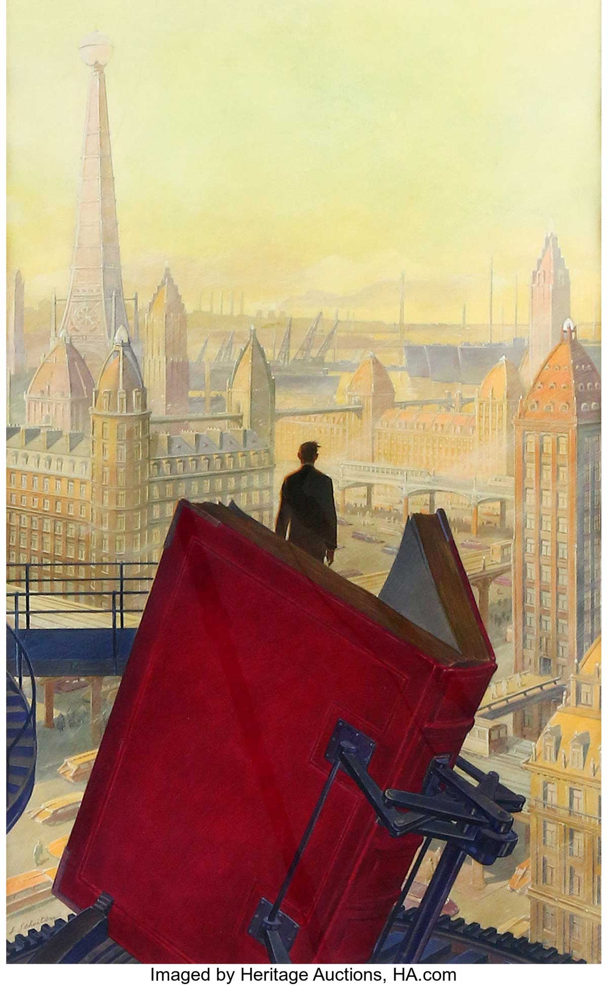 François Schuiten Paris in the Twentieth Century Cover Original Art (Hachette, 1994). This major drawing was created by the co-author of The Obscure Cities for the cover of Jules Verne's "forgotten" novel published in 1994. 
