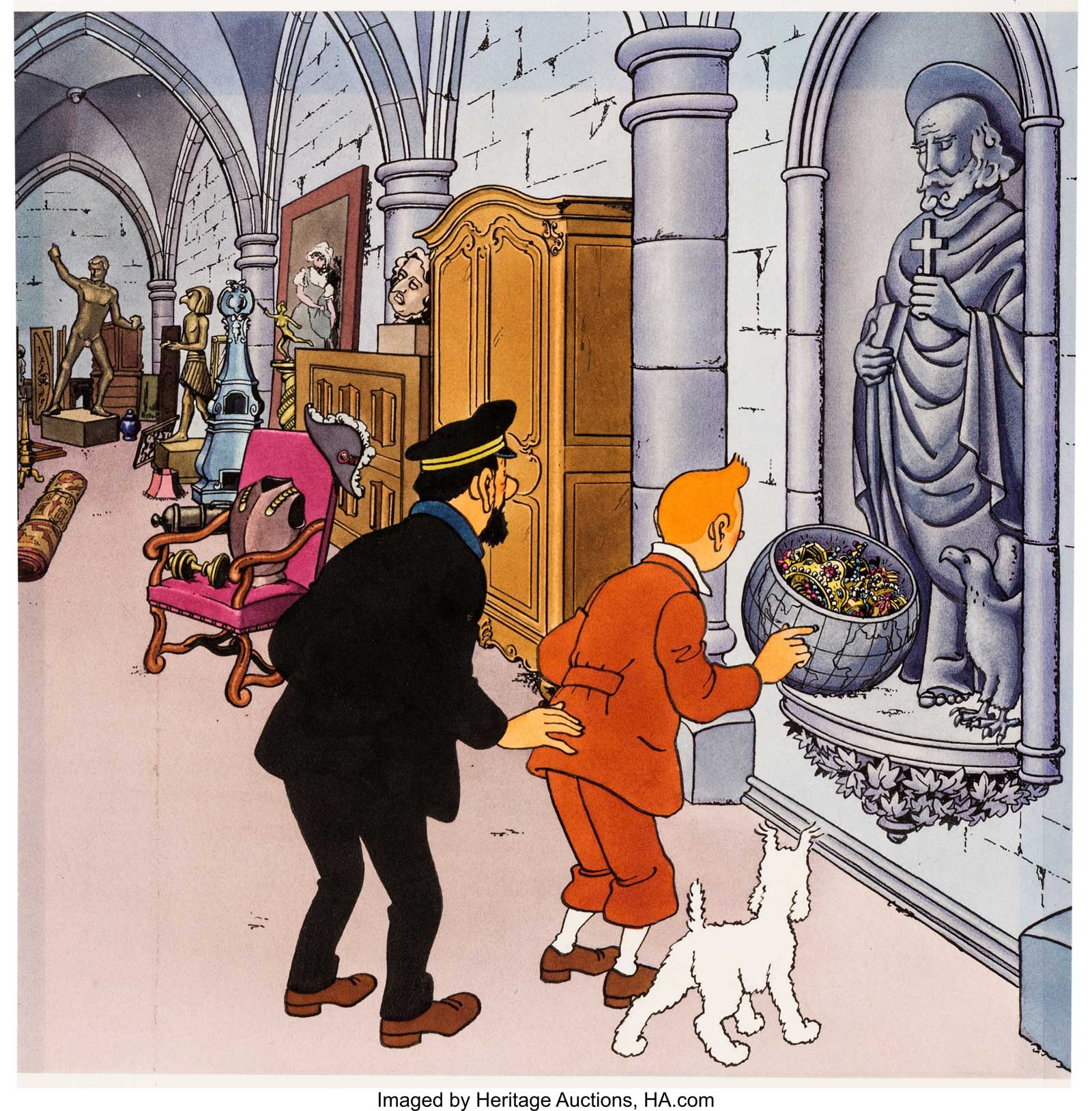 Hergé (Georges Rémi) Red Rackham's Treasure: The Crypt of Marlinspike Hall Original Art (Hallmark, 1970). Along with the cover, this is the most beautiful illustration from the pop-up book of Red Rackham's Treasure.