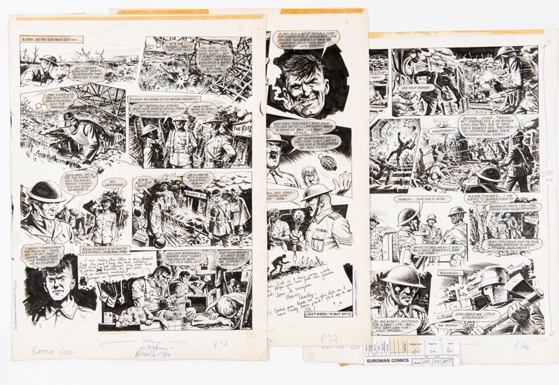  Three original “Charley's War” artworks by Joe Colquhoun (signed to page 1) from Battle 601 and 602 (1980). Charley's platoon raids the Jerry tunnel in no-man's-land but his sniper nemesis has evaded the battle and is waiting...