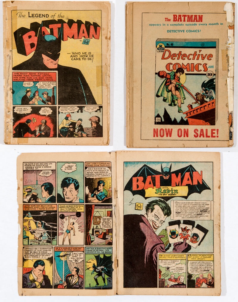Batman 1 coverless (1940). Clear taped spine, 2 clear taped repairs to splash page, 1 clear taped repair back page. The first four pages have ragged edges, with edge tears to back four pages.