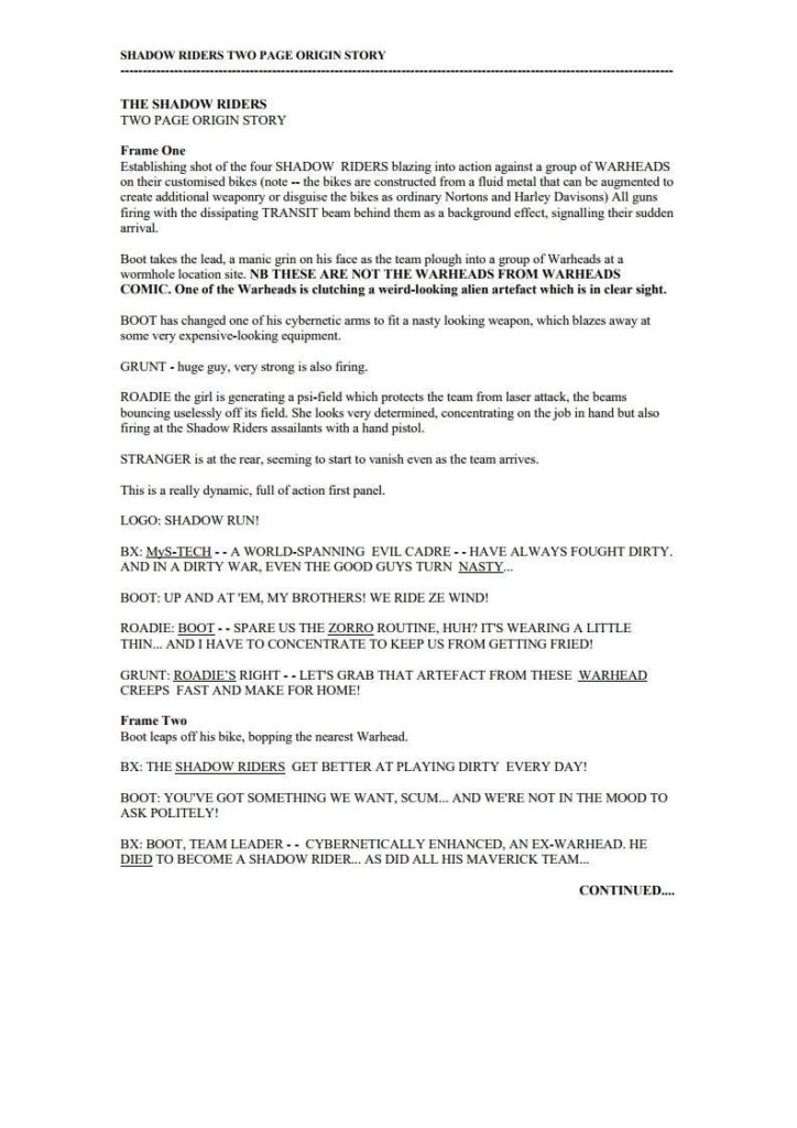 Shadow Riders Two-Page “Introductory Story” by John Freeman, intended for use in Overkill - Page 1