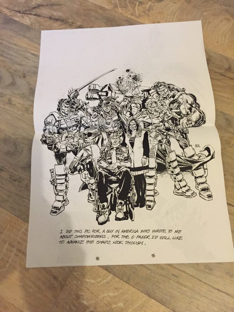 A photocopy of Ross Dearsley Shadow Riders commissioned art for a fan, Ross noting receipt of the six page plot and mentioning redesigning the characters 