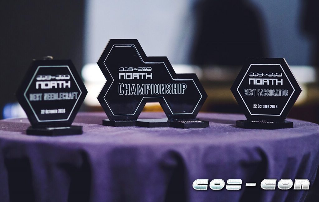 Cosplay trophies made by Sorzeno Props. Photo: Alasdair Watson Photography