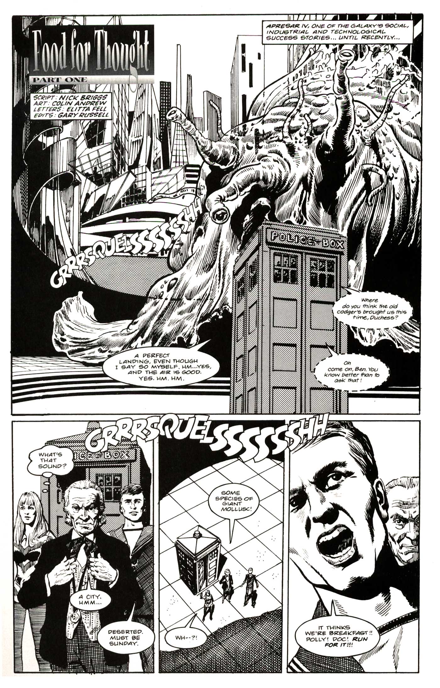 Art from "Food for Thought", a First Doctor story by Nicholas Briggs, drawn by Colin Andrew