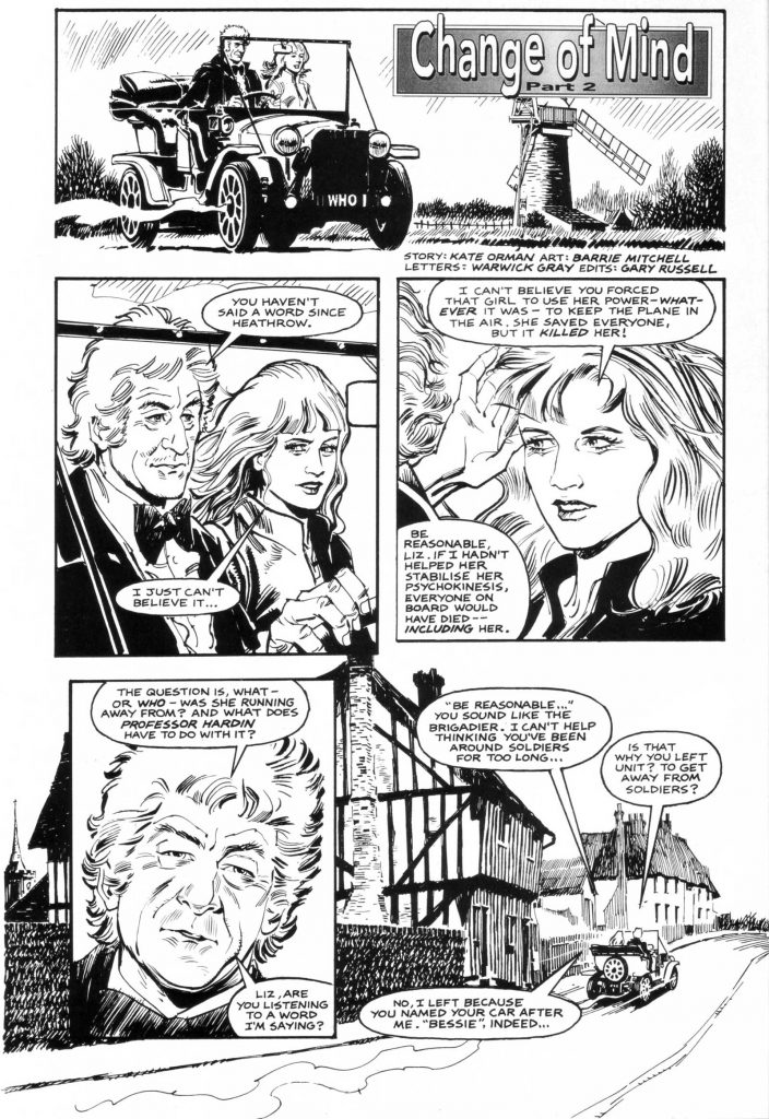 "Change of Mind", a Third Doctor story by Kate Orman, drawn by Barrie Mitchell