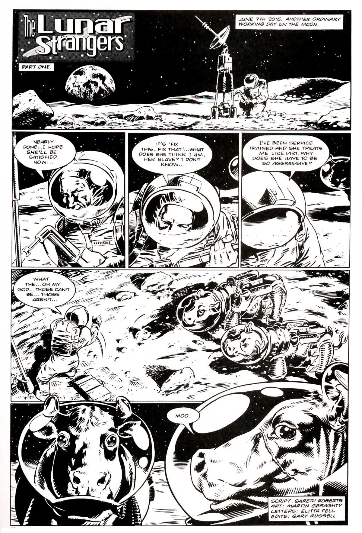 "The Lunar Strangers", a Fifth Doctor story by Gareth Roberts, drawn by Martin Geraghty