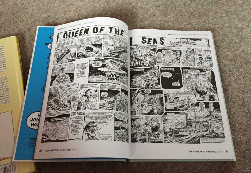 Earlier this year, after years of waiting, a crowdfunding campaign was launched to collect all of humour cartoonist Ken Reid's Odhams comic strips of the 1960s – featured in Wham!, Smash!, and Pow! – into a pair handsome official hardback books. Those collections have now been printed, I've received advance copies - and they are everything I expected them to be, just brilliant! Book Two - Spread