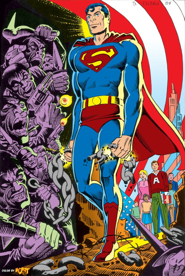 A Superman pin-up for Superman #400 by Steve Ditko. "Ditko seamlessly integrates the type of images that he used in his own work like Mr. A and Avenging World, iconographic conflicts between savagery and civilisation, oppression and freedom," notes the Ditko Comics Web Blog, "and combines them with a great image of Superman standing as a barrier defending free people from the forces of evil. It works perfectly, both as as Superman image and a Ditko image."