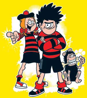 Current 'Beano' characters 'Minnie the Minx','Dennis the Menace' and 'Gnasher'. 