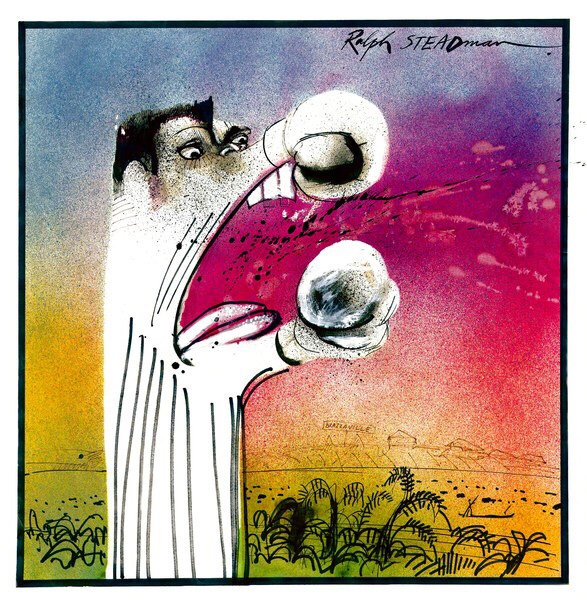Steadman’s rejected image of Muhammad Ali for Rolling Stone features in the exhibition. “I think I would have thought of the lip because he was such a clever gift of the gab man,” he told Vanity Fair, trying to remember his process. “That was his best weapon, his boxing gloves.” Image: The Ralph Steadman Art Collection.