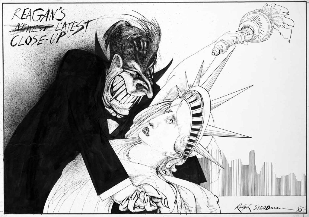 Satirical cartoon of Ronald Reagan by Ralph Steadman, March 1980