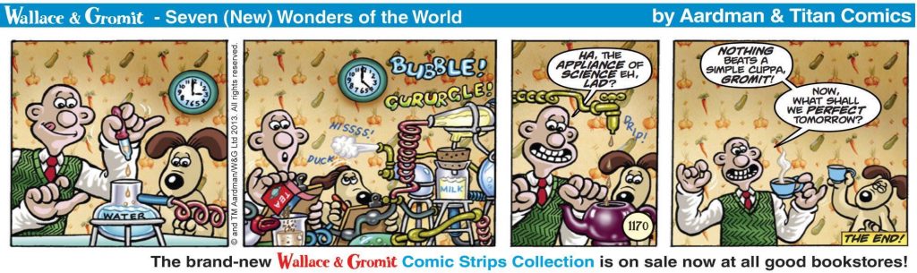 "Wallace and Gromit", the newspaper strip written by David Leach, drawn by James Hansen, inked by Bambos Georgiou and coloured by John Michael Burns