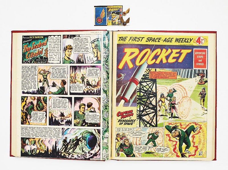 Rocket (1956) 1-32. Complete run in bound volume, with two different style Rocket Space Club Badges (each only available with four tokens and 1/9d Postal Order). Starring Captain Falcon by 'Frank Black' (Basil Blackaller). With Flash Gordon, Johnny Hazard and Brick Bradford UK reprints. Issues 13-27 highlighted the new Forbidden Planet film starring Robbie the Robot, illustrating stills from the movie and offering free cinema tickets to Rocket Club members. Rocket only lasted for these 32 issues before amalgamation with Express Weekly in November 1956