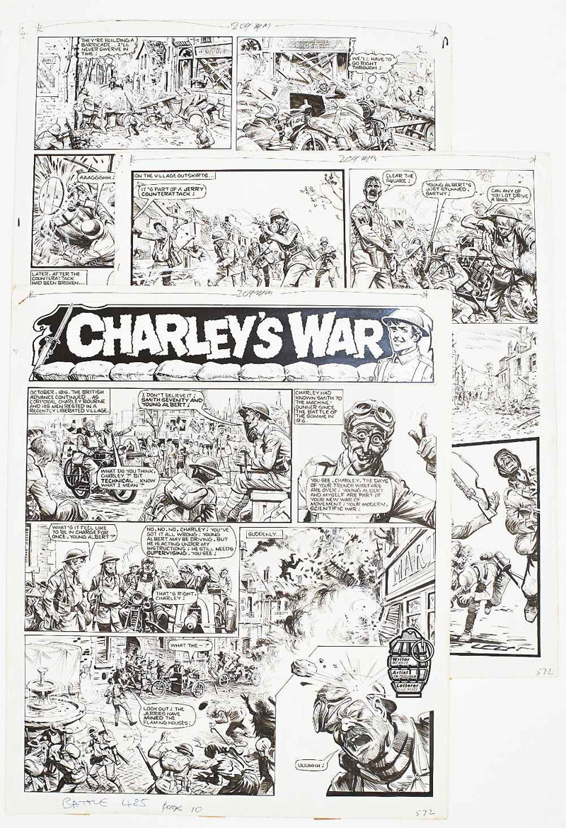 Charley's War three original artworks by Joe Colquhoun from Battle Action Force 485 (1984) pages 10-12. It's October 1918 and the British advance continues. As Corporal Charley Bourne and his men rest in a recently liberated village the Jerries counter attack with devastating force ...