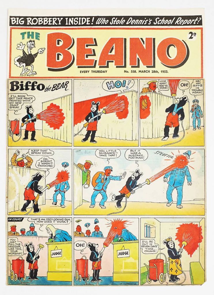Beano/Biffo the Bear original front cover artwork (1953), from The Beano 558 March 28 1953, drawn and signed by Dudley Watkins. Biffo paints the fence, and everything else, red! Poster colour and ink on cartridge paper. 20 x 14 ins. The 'Beano' header is a laser colour copy.