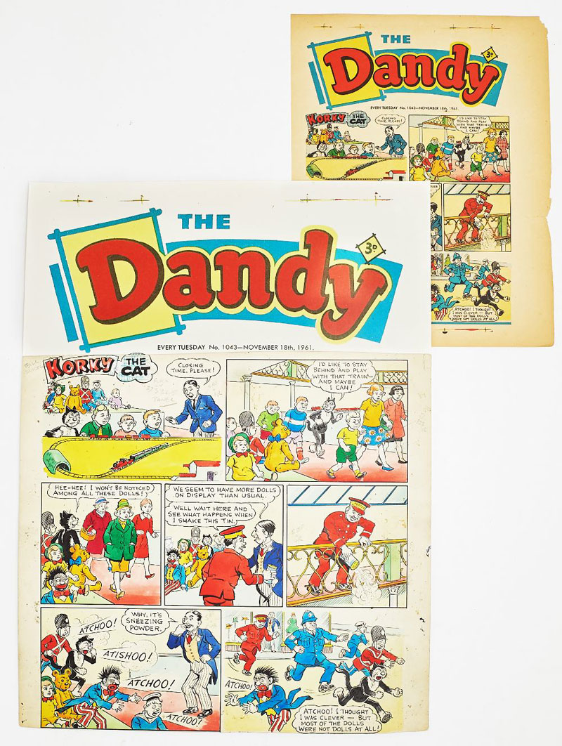 Dandy/Korky The Cat original front cover artwork by Jimmy Crighton from The Dandy 1043 (Nov 18 1961). Korky has a super wheeze but ends up with a great big sneeze! With original front cover printers proof. Bright poster colour and indian ink on cartridge paper. 19 x14 ins.'The Dandy' header is a laser colour copy