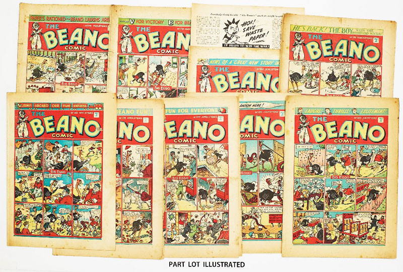 Beano (1942) 174-184 Propaganda war issues. Hitler cartoon 'Himmel!, Der pig-dog British are saving all their waster paper!'. Pansy Potter goes fishing and catches a U-Boat. Lord Snooty gives the Nazis laughing gas but Hitler thinks it's not funny. No 180 Pansy Potter drawn by Dudley Watkins