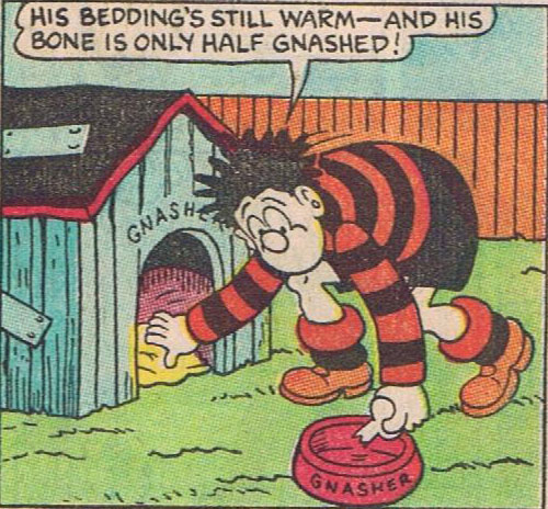 Dennis searches for Gnasher in Beano 2279, back in 1986